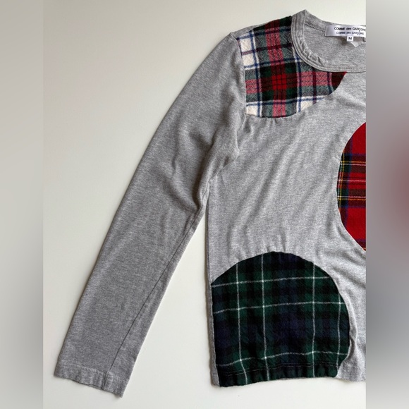 Vintage COMME DES GARCONS Gray Long Sleeve T Shirt with Round Plaid Patchwork -M - Picture 3 of 11